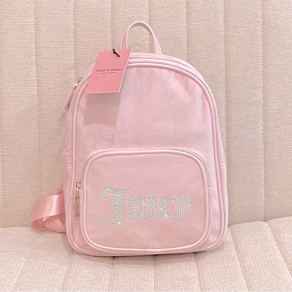 NEW Juicy Couture Pink Velour Mini Backpack Rhinestone Logo Gold Hardware NWT